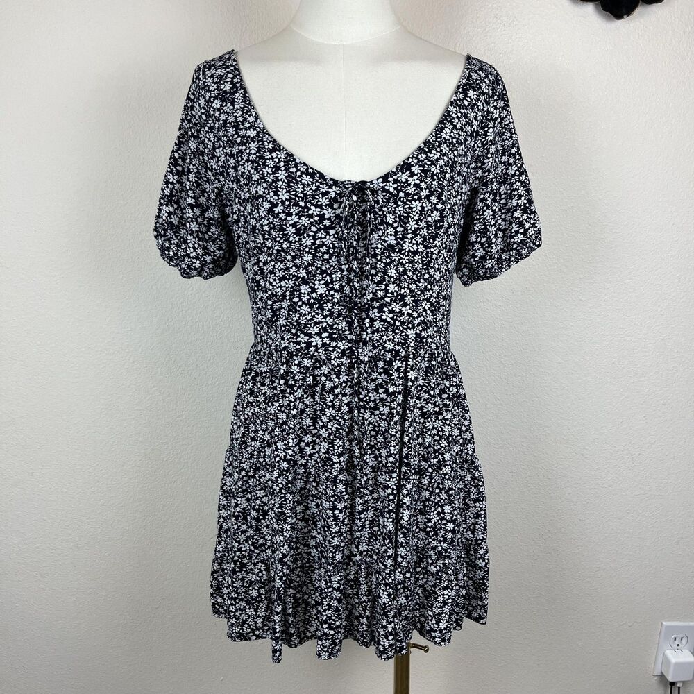 Bohme Dress Womens Small Black Dark Floral Fit Flare Boho Mini Lace Up Corset
